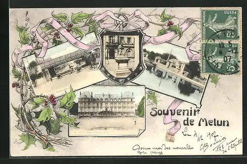 AK Melun, Vier Ansichten des Ortes