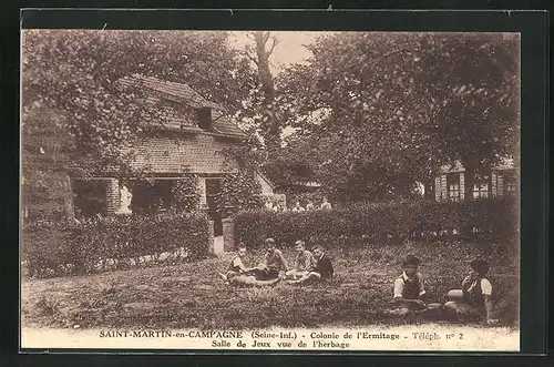 AK Saint-Martin-en-Campagne, Colonie de l`Ermitage, Salle de Jeux vue de l`herbage