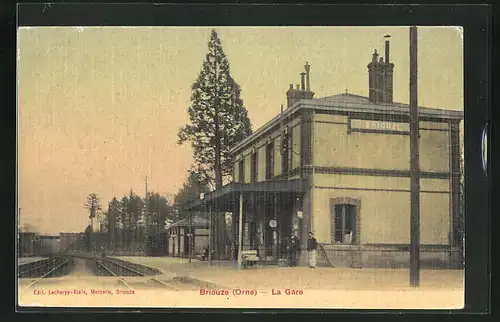 AK Briouze, La Gare, Bahnhof von der Gleisseite