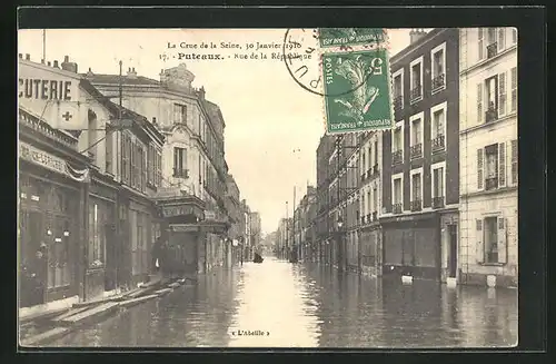 AK Puteaux, Rue de la Rèpublique - La Crue de la seine 30 Janvier 1910, Hochwasser