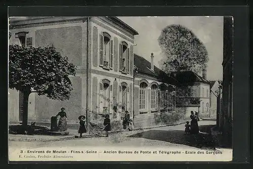 AK Flins-sur-Seine, Ancien Bureau de Poste et Télégraphe, Ecole des Garcons