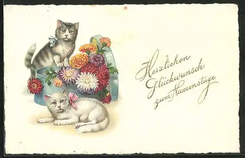 AK Zwei Katzen an einer Schachtel mit Blumen, Glückwunsch zum Namenstag