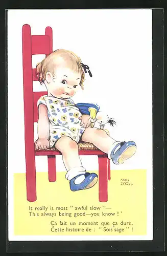Künstler-AK Mabel Lucie Attwell: kleines Mädchen mit Puppe auf einem Stuhl sitzend