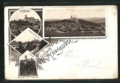Vorläufer-Lithographie Königstein, 1894, Blick in die Frankfurter Strasse, Ruine Königstein