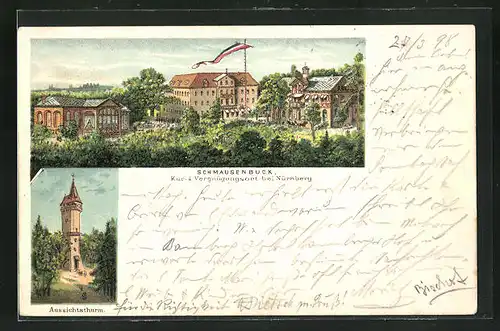 Lithographie Nürnberg, Gasthof Schmausenbuck und Aussichtsturm