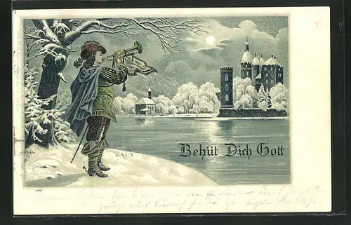 Winter-Lithographie Säckingen, Behüt Dich Gott, Trompeter