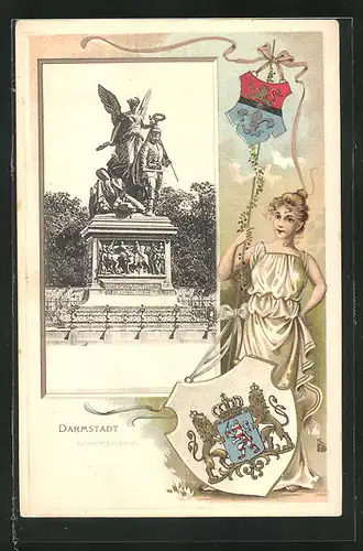 Passepartout-Lithographie Darmstadt, Kriegerdenkmal im Sonnenschein, Wappen