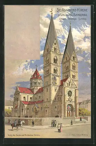 Lithographie Würzburg-Sanderau, Ansicht der St. Adalbero-Kirche