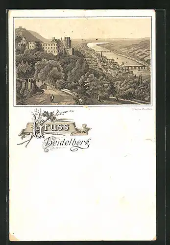 Lithographie Heidelberg, Panoramablick auf die Stadt am Neckar
