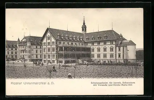 AK Untermarchtal a. D., Kloster-Erholungshaus für barm. Schwestern mit Veranda und Kirche Maria Hilf