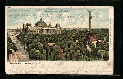 Lithographie Berlin, Reichstagsgebäude und Siegessäule