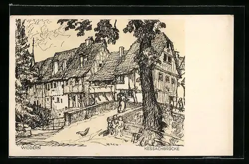 Künstler-AK Widdern, Kessachbrücke mit Anwohnern