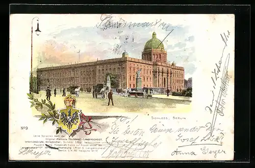 Lithographie Berlin, Schloss von der Strasse aus mit Kutschen