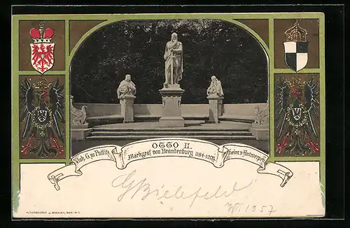 Präge-Lithographie Berlin-Tiergarten, Denkmal Otto II., Markgraf von Brandenburg, Wappen und Reichsadler