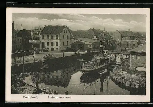 AK Buxtehude, Hafenpanorama mit Dampfer