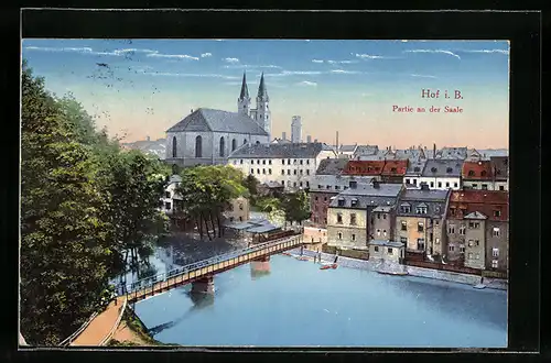 AK Hof, Partie an der Saale, Blick zur Kirche