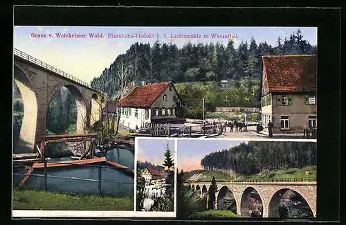 AK Welzheim, Eisenbahn-Viadukt b. d. Laufenmühle m. Wasserfall, Welzheimer Wald