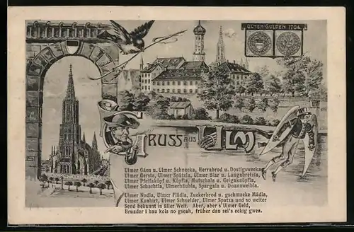 Lithographie Ulm, Kirche, Münster und Dreifaltigkeitskirche, Ulmer Gulden 1704 & Mann mit Flügeln