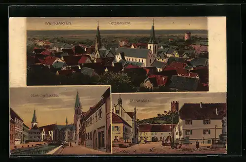 AK Weingarten, Bahnhofstrasse, Marktplatz, Totalansicht