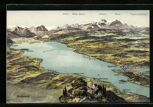 Künstler-AK Konstanz, Bodensee mit Ortschaften und Bergpanorama aus der Vogelschau
