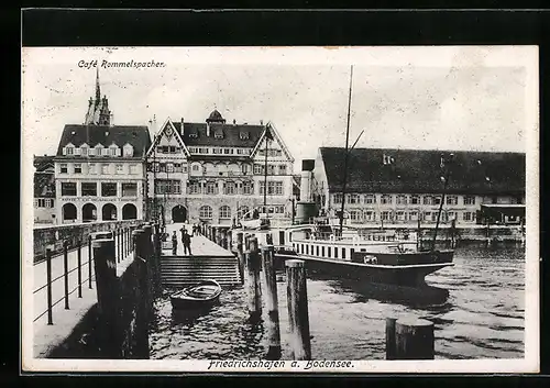 AK Friedrichshafen /Bodensee, Dampferanleger mit Cafe Rommelspacher