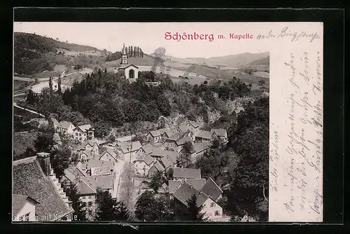 AK Schönberg, Ortsansicht mit Kapelle aus der Vogelschau