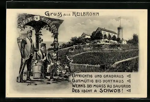 AK Heilbronn, Winzer bei der Rast, Häuseransichten vom Weinberg aus gesehen