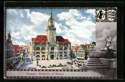 Künstler-AK Stuttgart, Marktplatz mit Rathaus, Wappen, Denkmal