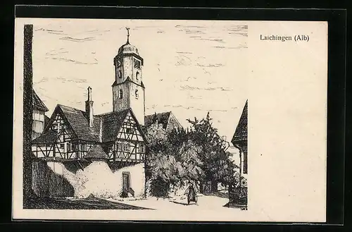 Künstler-AK Laichingen / Alb, Blick zur Kirche