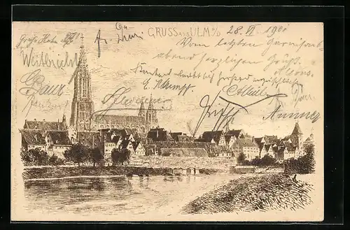 Lithographie Ulm a. D., Panorama mit Donau