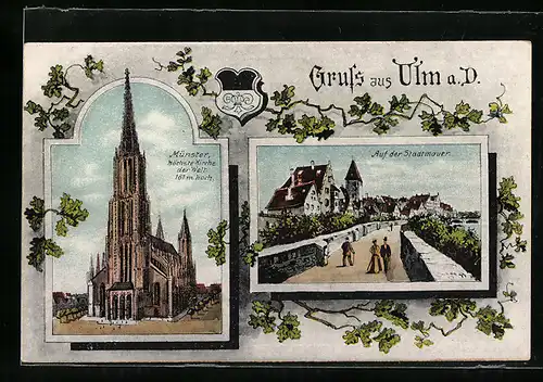 Künstler-AK Ulm a. D., Auf der Stadtmauer, Münster, Wappen