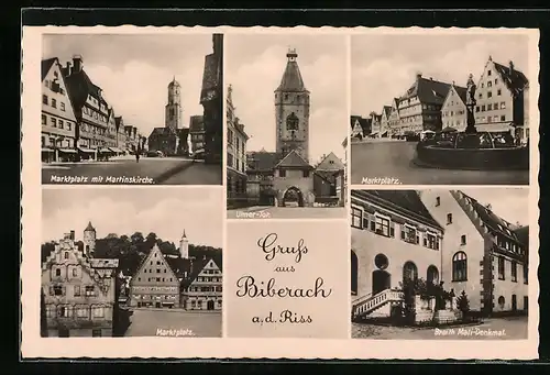 AK Biberach a. d. Riss, Marktplatz mit Martinskirche, Braith Mali-Denkmal