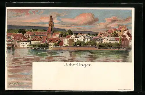 Künstler-AK Carl Biese: Ueberlingen, Ortsansicht mit Kirche und Seepartie