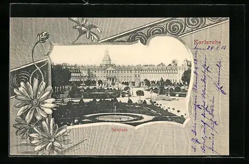 AK Karlsruhe, Blick auf das Schloss, Blumenranke