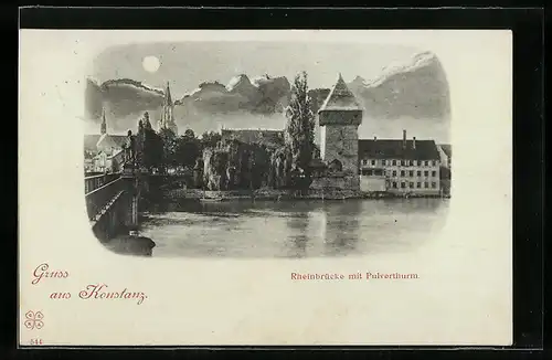 AK Konstanz, Rheinbrücke mit Pulverturm