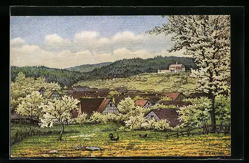 Künstler-AK Langensteinbach i. B., Teilansicht