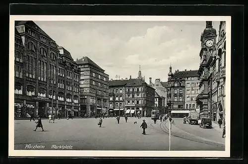 AK Pforzheim, Strassenbahn auf dem Marktplatz