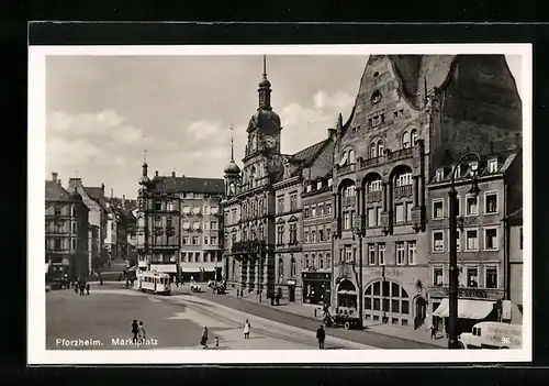 AK Pforzheim, Marktplatz mit Strassenbahn