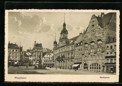 AK Pforzheim, Marktplatz mit Gasthaus zum Hecht und Denkmal