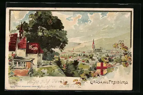 Künstler-AK Freiburg, Ortsansicht bei Tag, Eichenblätter, Wappen