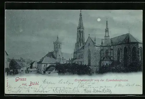 AK Bühl, Kirchenansicht von der Eisenbahnstrasse