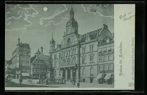 Mondschein-AK Pforzheim, Rathaus bei Vollmond