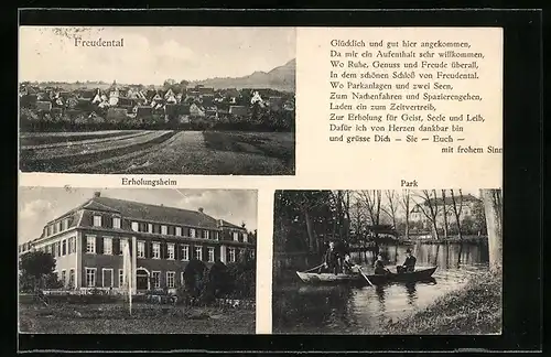 AK Freudental, Gesamtansicht, Erholungsheim, Ruderpartie im Park