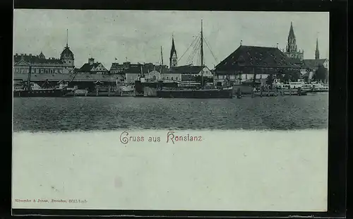 AK Konstanz, Ortsansicht mit Dampfer am Hafen