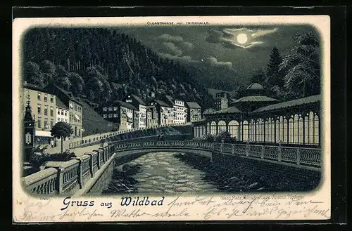 Lithographie Wildbad, Blick in die Olgastrasse mit der Trinkhalle