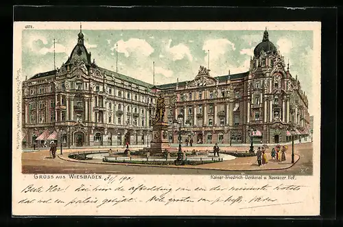 Lithographie Wiesbaden, Kaiser-Friedrich-Denkmal u. Nassauer Hof