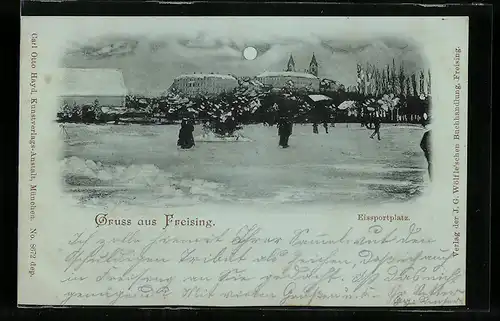 Mondschein-AK Freising, Auf dem Eissportplatz bei Vollmond