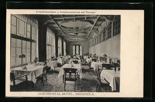 AK Dresden, Continental-Hotel, Frühstückszimmer u. Sommerrestaurant mit Terrasse