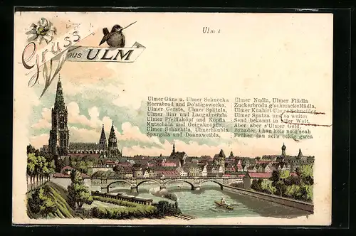 Lithographie Ulm, Uferpartie mit Münster, Neujahrsgruss