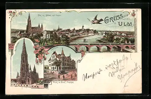 Lithographie Ulm, Ortsansicht von Süden mit Donau, Saalbau und Münster